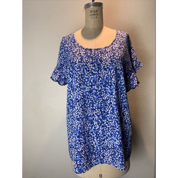 Michael michael kors, blue floral print short sleeve blouse, large - Picture 1 of 6